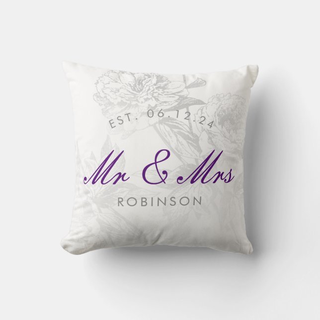 Mr & Mrs Wedding Simple Floral Silver Purple Cushion (Front)