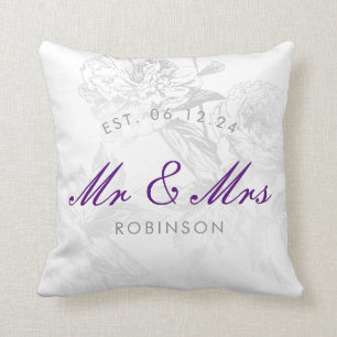 Mr & Mrs Wedding Simple Floral Silver Purple Cushion
