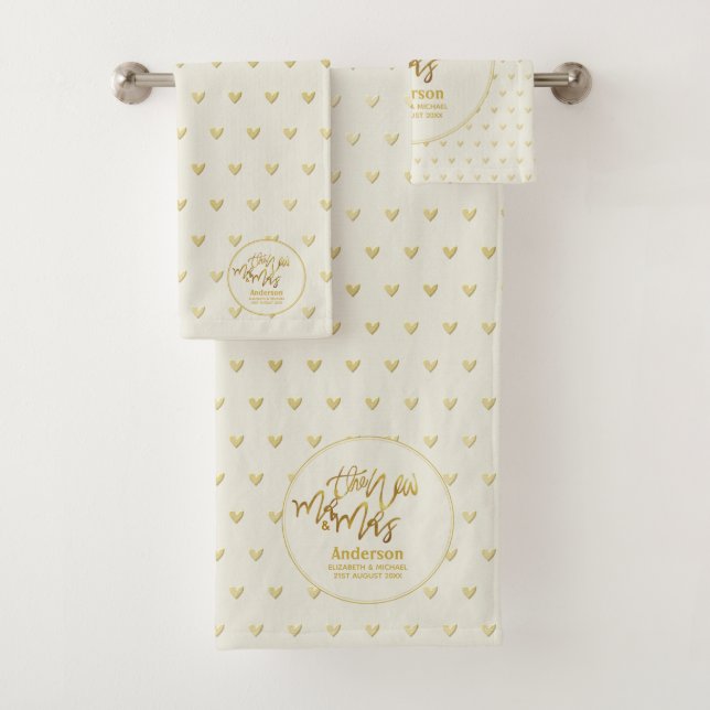 Mr & Mrs Wedding Towels Gold Love Hearts Keepsake (Insitu)