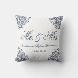 Mr. & Mrs. Wedding White Blue Elegant Script Cushion