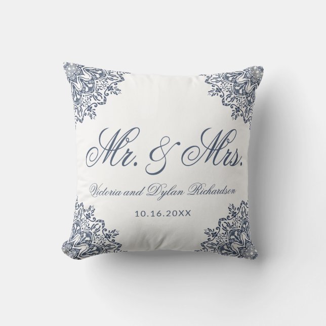 Mr. & Mrs. Wedding White Blue Elegant Script Cushion (Front)