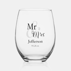 Mr & Mrs Wedding with Name & Date Stemless Wine Glass