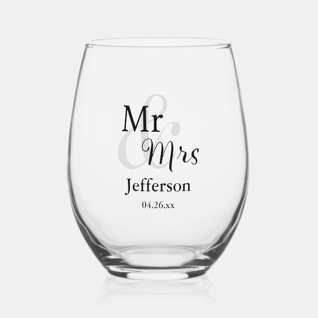 Mr & Mrs Wedding with Name & Date Stemless Wine Glass (Back)