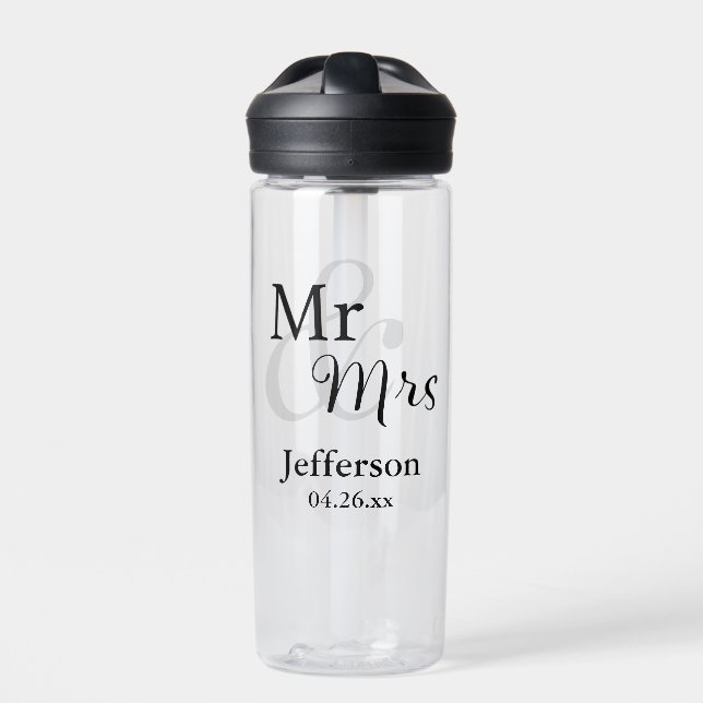 Mr & Mrs Wedding with Name & Date Water Bottle (Front)