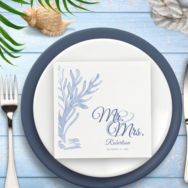 Mr & Mrs White and Blue Elegant Nautical Wedding Napkin (Creator Uploaded)