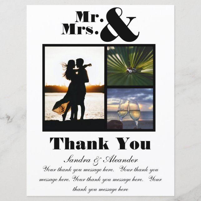 Mr Mrs White Black Thank You Card  photo Wedding (Front)