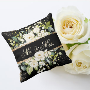 Mr & Mrs White Gold Botanical Floral Black Rustic Cushion