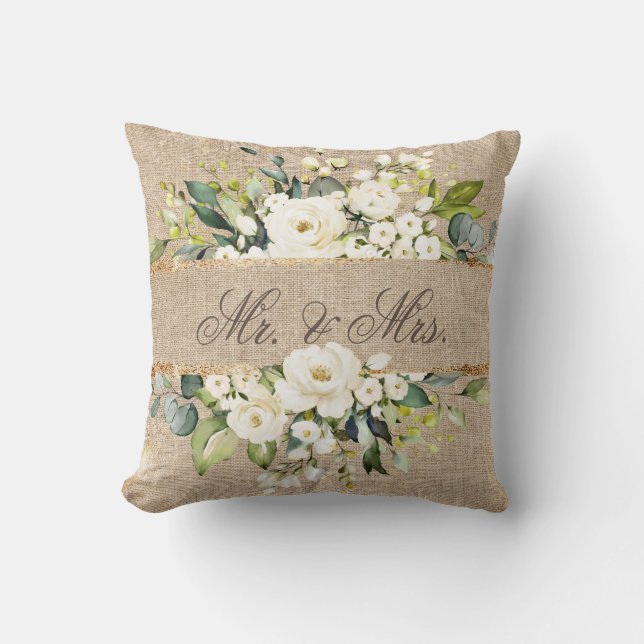 Mr & Mrs White Gold Botanical Floral Linen Rustic Cushion (Front)