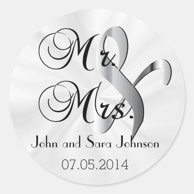 Mr & Mrs White Wedding | Personalise Classic Round Sticker (Front)
