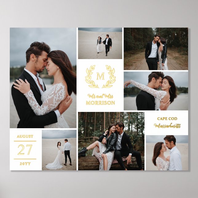 Mr Mrs Wreath Monogram White Wedding Photo Collage Foil Prints (Front)