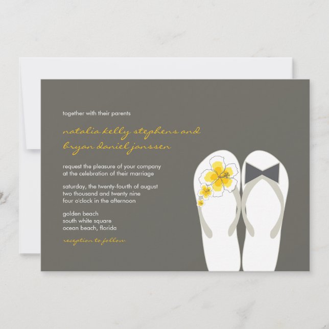 Mr & Mrs Yellow Flip Flops Beach Wedding Invite (Front)