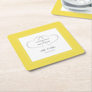 Mr & Mrs Yellow White Elegant Hearts Wedding Chic Square Paper Coaster