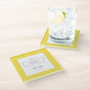 Mr & Mrs Yellow White Elegant Wedding Chic Hearts Glass Coaster