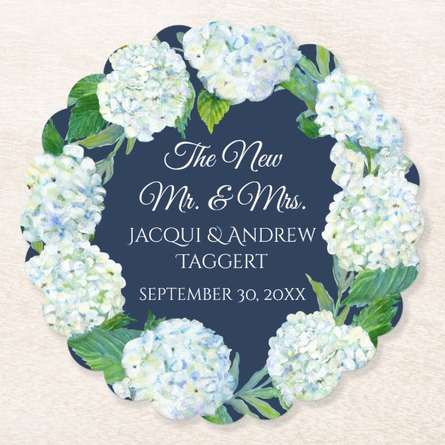 Mr n Mrs White Hydrangea Floral Navy Blue Wedding Paper Coaster (Front)
