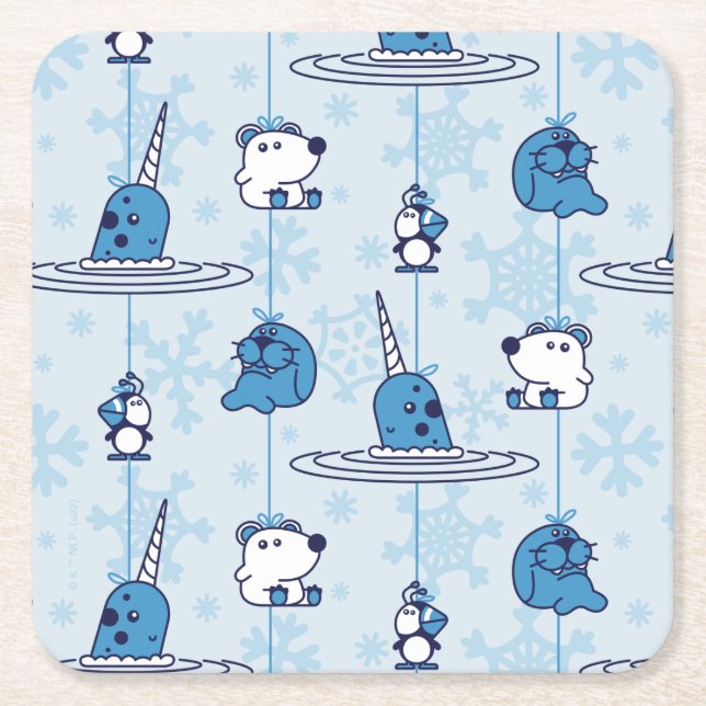 Mr. Narwhal Blue Snowflake Pattern Square Paper Coaster (Front)
