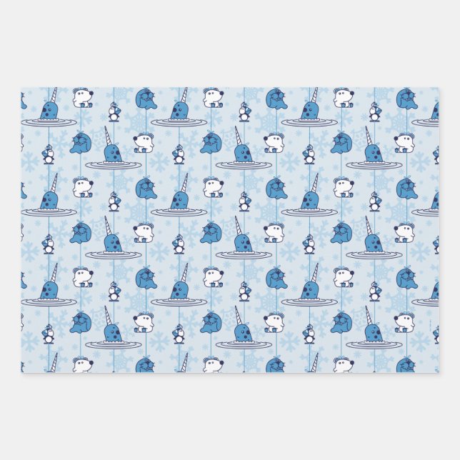 Mr. Narwhal Blue Snowflake Pattern Wrapping Paper Sheet (Front)