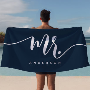 Mr Navy Blue And White Newlywed Groom Personalised Beach Towel