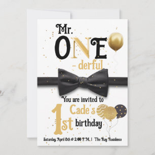 Mr. One-derful Black and gold first birthday Invitation