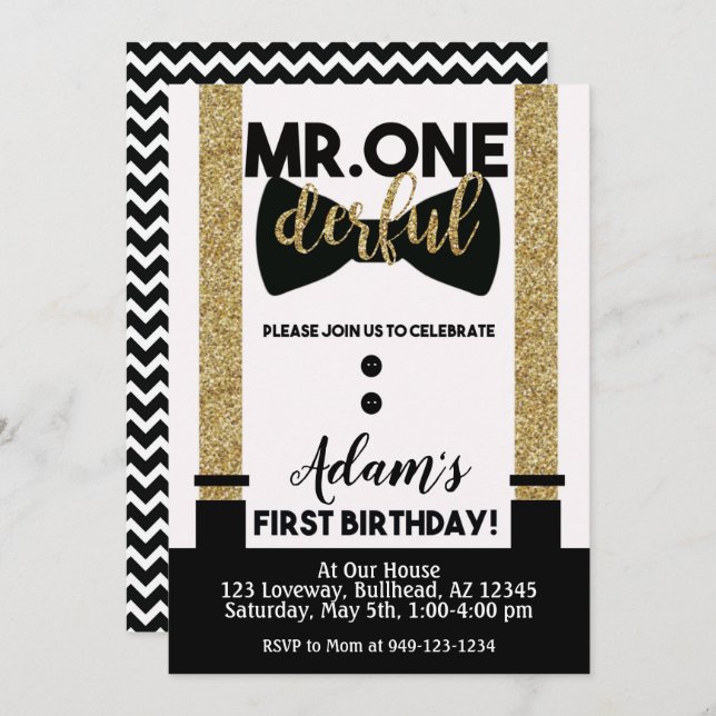 Mr. One-Derful Bow tie Black and Gold Tuxedo Invitation (Front/Back)