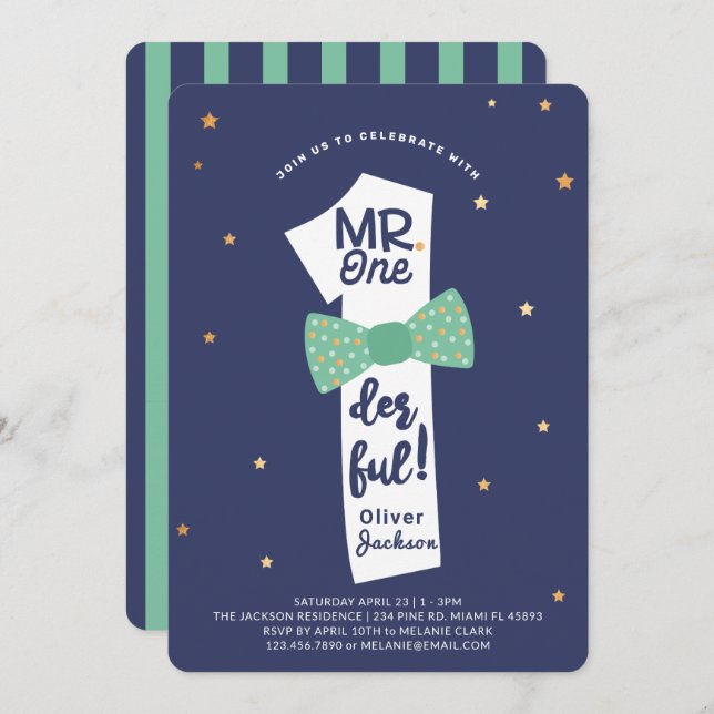Mr One derful Bowtie Navy & Green 1st Birthday Invitation (Front/Back)