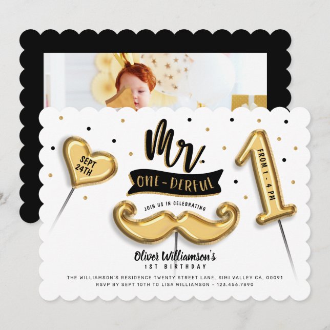 Mr One derful Gold Foil Balloon 1st Birthday Photo Invitation (Front/Back)