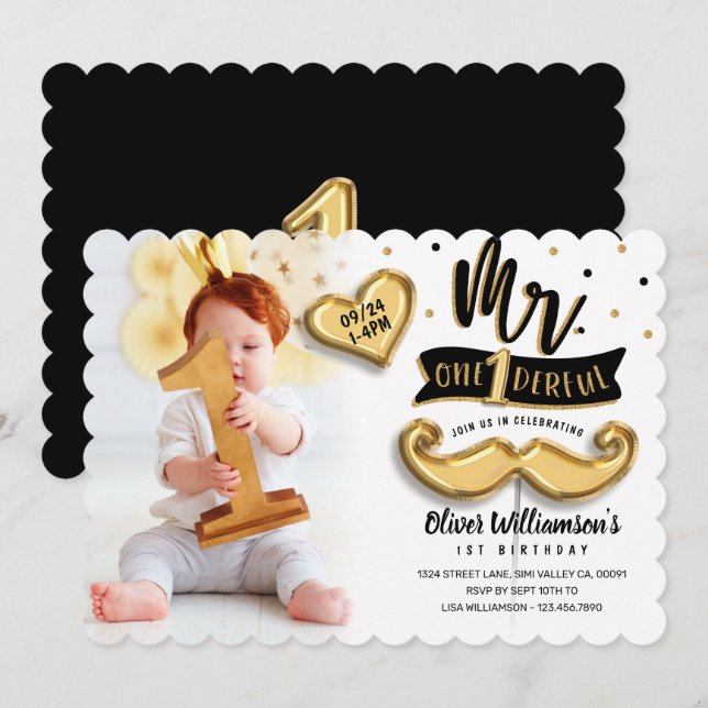 Mr One derful Gold Foil Balloon 1st Birthday Photo Invitation (Front/Back)