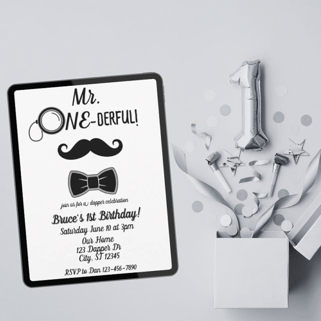 Mr. ONE-derful moustache and bowtie 1st birthday Invitation (Creator Uploaded)