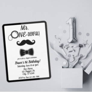 Mr. ONE-derful mustache and bowtie 1st birthday Invitation