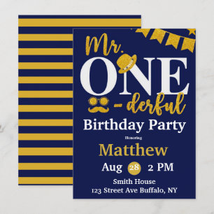 Mr. One-derful Navy and Gold Birthday Party Invita Invitation