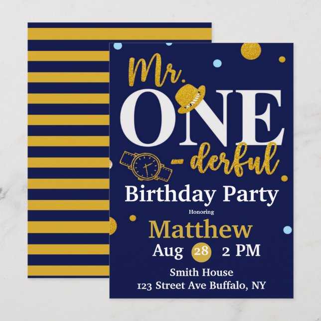Mr. One-derful Navy and Gold Birthday Party Invita Invitation (Front/Back)