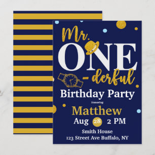 Mr. One-derful Navy and Gold Birthday Party Invita Invitation