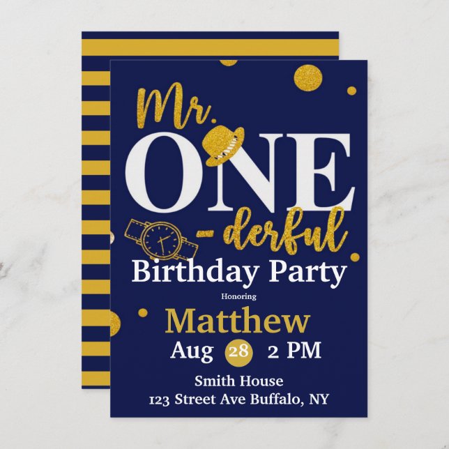 Mr. One-derful Navy and Gold Birthday Party Invita Invitation (Front/Back)