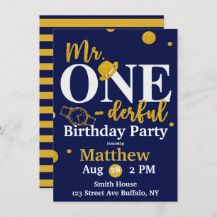 Mr. One-derful Navy and Gold Birthday Party Invita Invitation