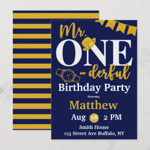 Mr. One-derful Navy and Gold Birthday Party Invita Invitation