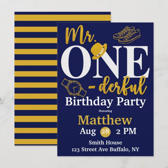 Mr. One-derful Navy and Gold Birthday Party Invita Invitation (Front/Back)