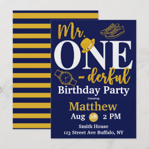 Mr. One-derful Navy and Gold Birthday Party Invita Invitation