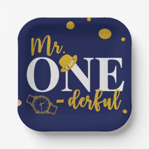 Mr. One-derful Navy Blue and Gold Birthday Party N Paper Plate