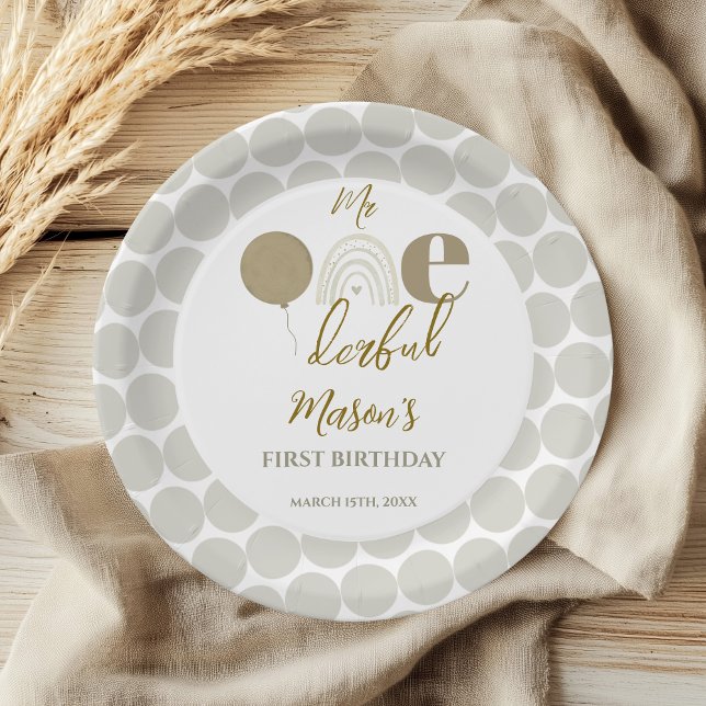 Mr One derful Neutral Rainbow First Birthday Paper Plate (Creator Uploaded)