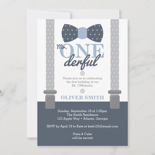 Mr. ONEderf Birthday Party Invitation, Bow Tie Invitation (Front)