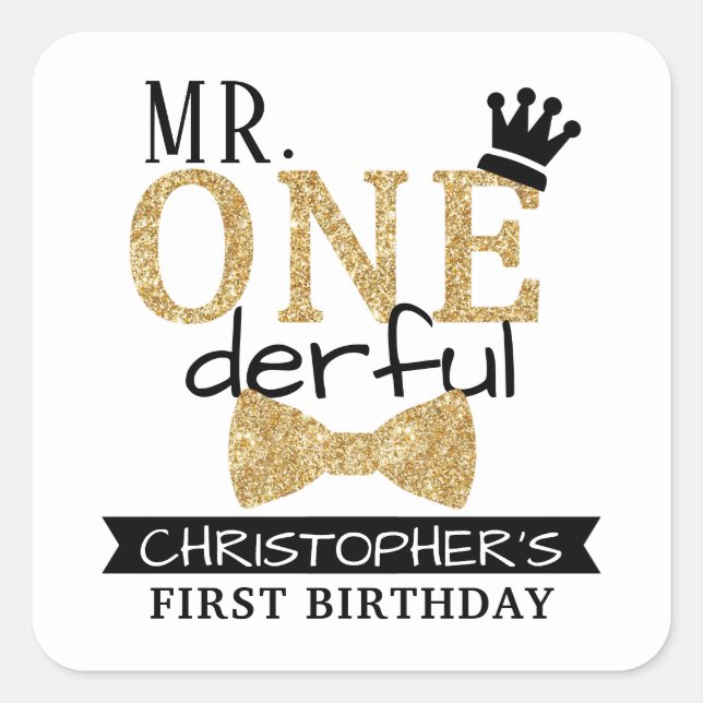 Mr. ONEderful 1st Birthday Party Favour Square Sticker (Front)