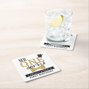Mr. ONEderful 1st Birthday Party Square Paper Coaster