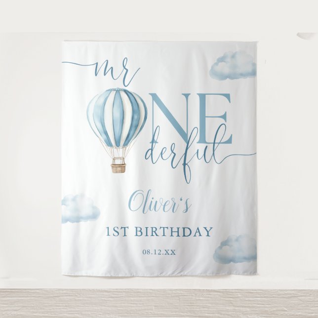 Mr Onederful Balloon 1st Birthday Photo Backdrop Tapestry (Front)