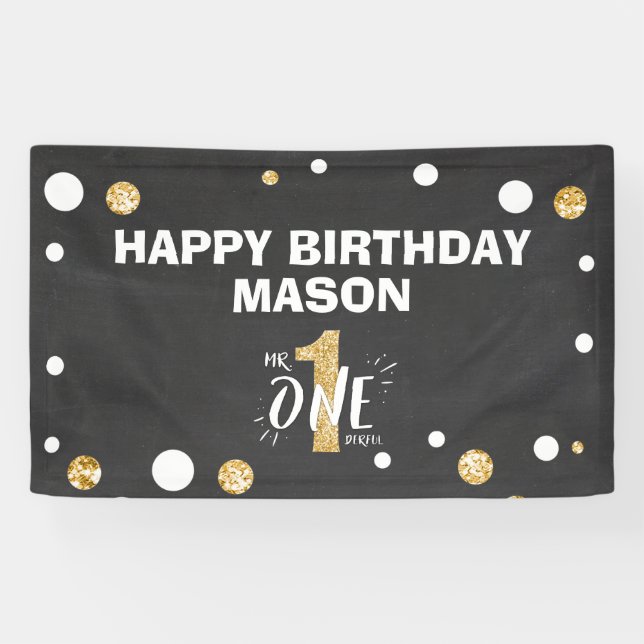 Mr Onederful Birthday Banner Boy Black Gold (Horizontal)
