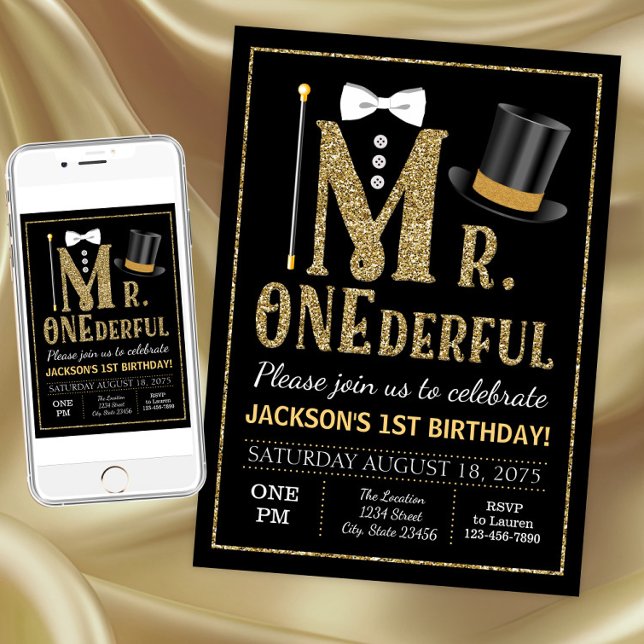 Mr ONEderful Birthday Invitation (Boy Mr. Onderful 1st birthday party invitation. Download and printed invitations available.)