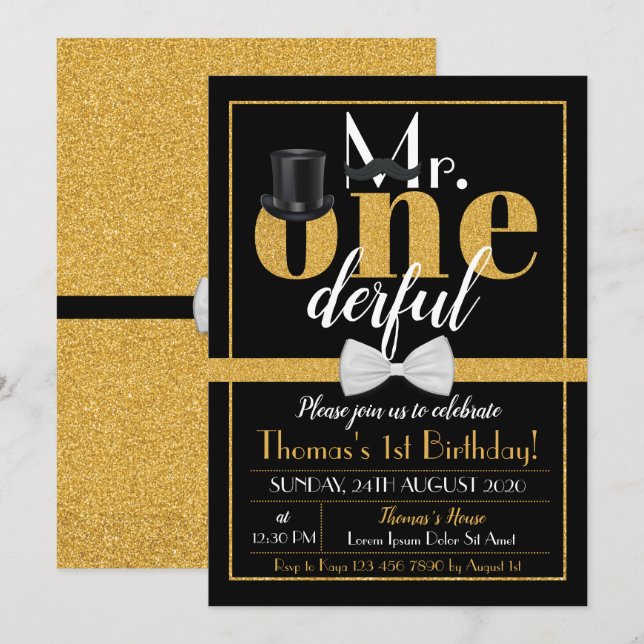 Mr. Onederful Birthday Invitation Black & Gold (Front/Back)