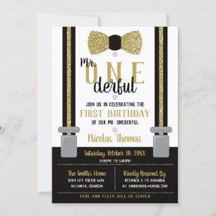 Mr. ONEderful Birthday Invitation, Black, Gold Invitation