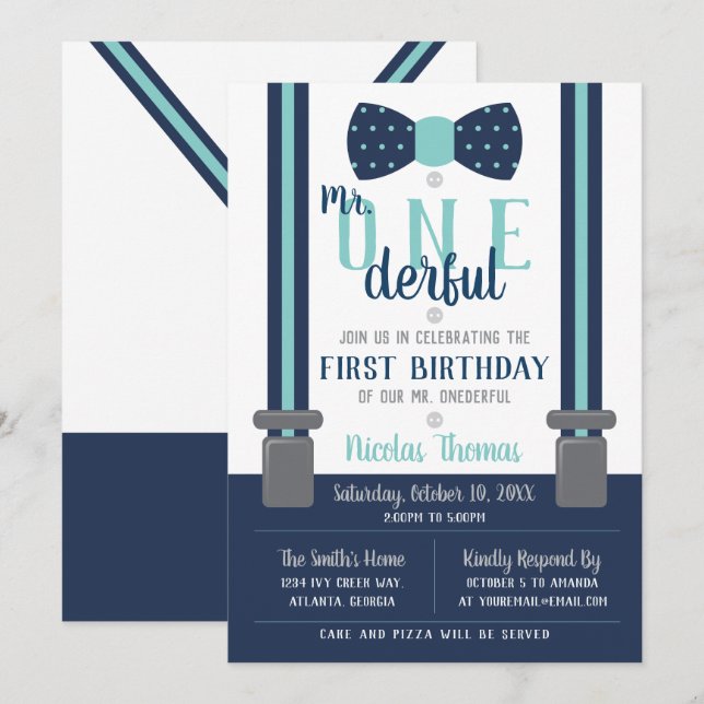 Mr. ONEderful Birthday Invitation, Blue, Grey Invitation (Front/Back)