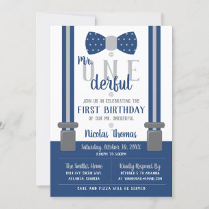 Mr. ONEderful Birthday Invitation, Blue, Grey Invitation