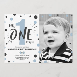Mr onederful birthday invitation Boy Black blue