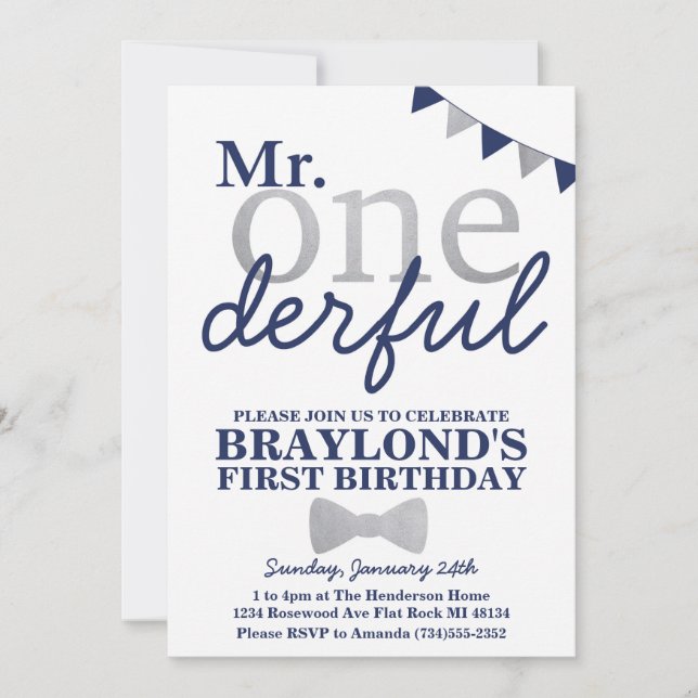 Mr Onederful Birthday Invitation (navy & silver) (Front)